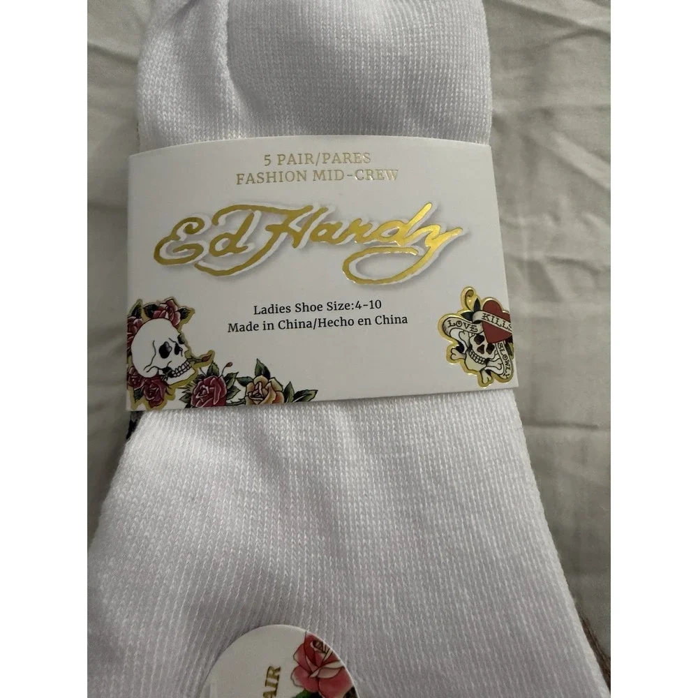 Ed Hardy 5 Pair Women's Mid Crew Socks Roses Skull Tattoo Size 4-10 NWT Lettuce